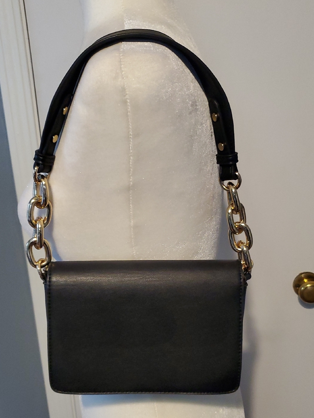 Black Cross Body, Clutch & Shoulder Bag with Gold Chain Accent